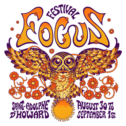 2024 poster showing a sun an a owl, Festival FOCUS, music festival 30 august to 1st september