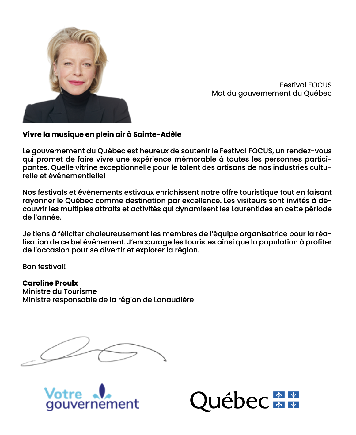 Festival FOCUS | A word from Madam Caroline Proulx, Quebec Minister of Tourism